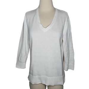 Pria White 100% Cotton V Neck Sweater Quiet Luxury Minimal Layering Top L